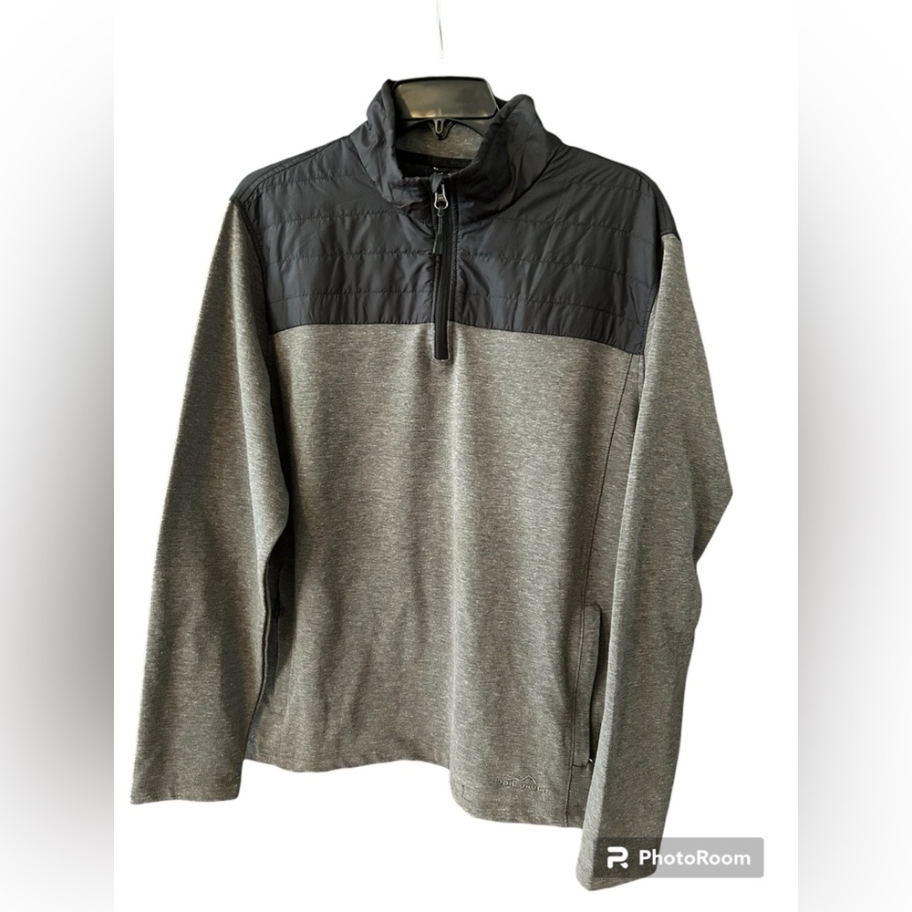 NWOT Eddie Bauer puffer knit 3/4 zip pullover grey & black Large zip pockets